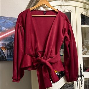 SHEIN Deep V Neck Red Tie-Front Blouse